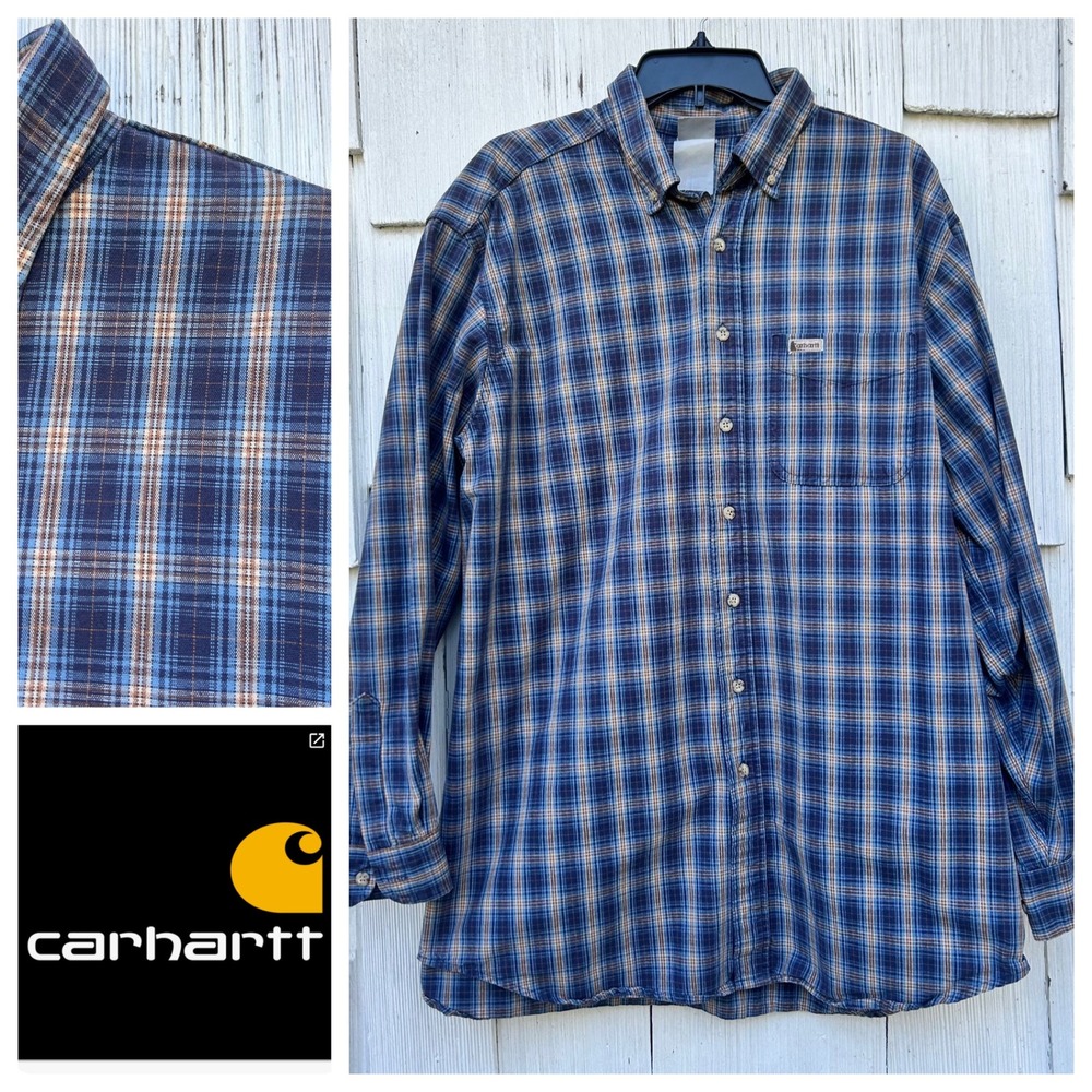 Mens Carhartt Plaid Long Sleeve Button Up Work Shirt Blue Tan Brown Size XL